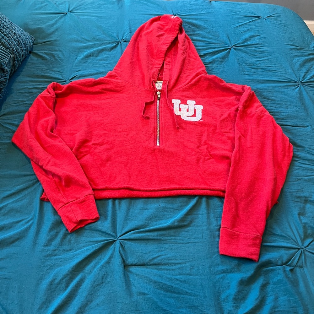 PINK University of Utah cropped red pull over 3/4 zip hoodie